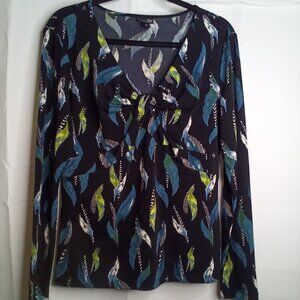 East 5th Blouse Shirt Women M Long Sleeve Tie Detail Feather Print Black Blue